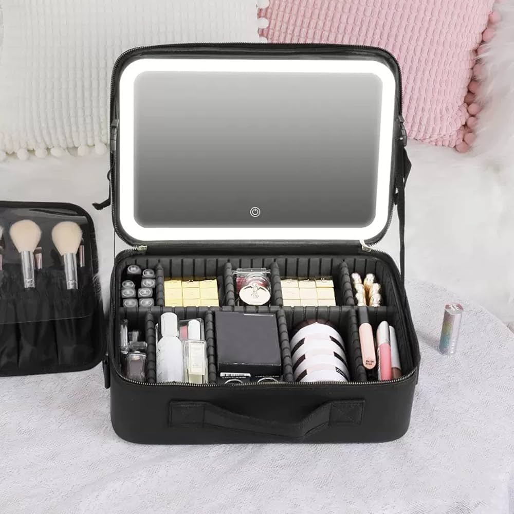 Travelling Makeup Bag with LED Lighted Mirror 👌